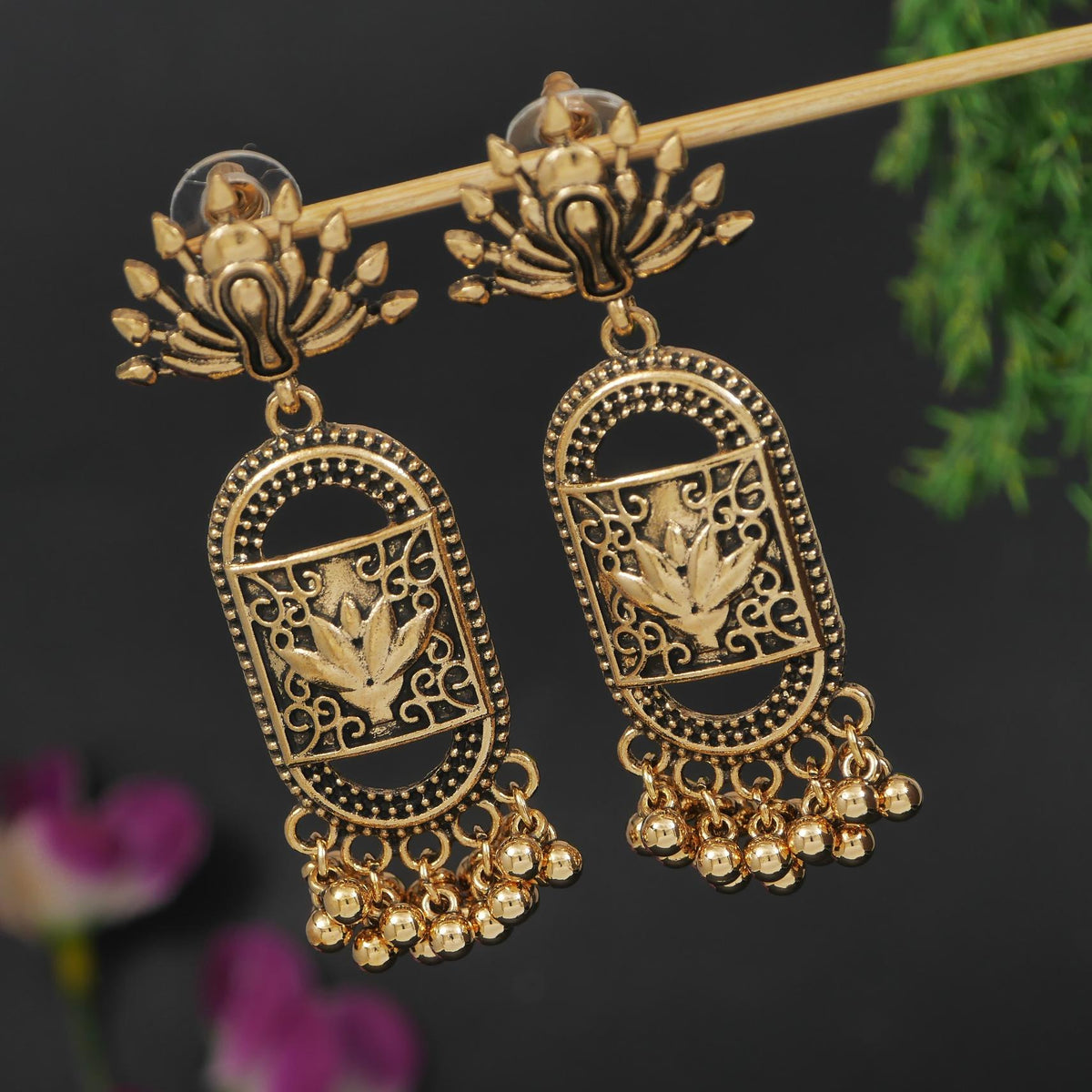 Vintage Lotus-Engraved Arch Drop Oxidised Antique Earring (Pack of 6)