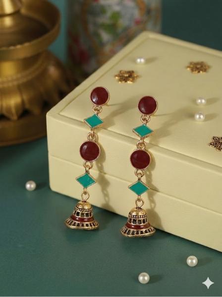 The Linear Geo-Drop Jhumkas An Antique Gold/Silver Plated Dual Coloured Enamel Earring