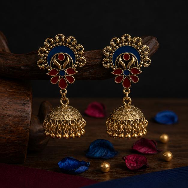 The Crescent Blossom Jhumkas An Antique Gold/Silver Plated Dual Coloured Enamel Earring