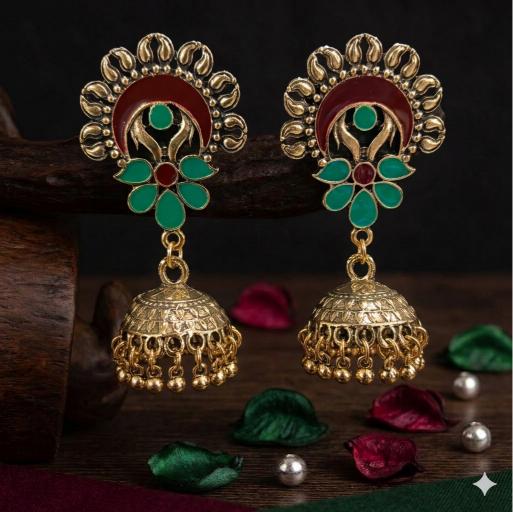 The Crescent Blossom Jhumkas An Antique Gold/Silver Plated Dual Coloured Enamel Earring