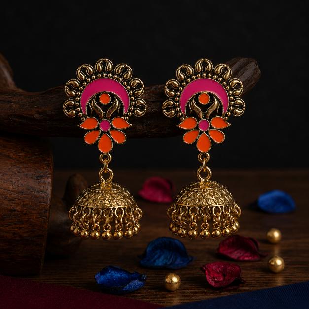 The Crescent Blossom Jhumkas An Antique Gold/Silver Plated Dual Coloured Enamel Earring