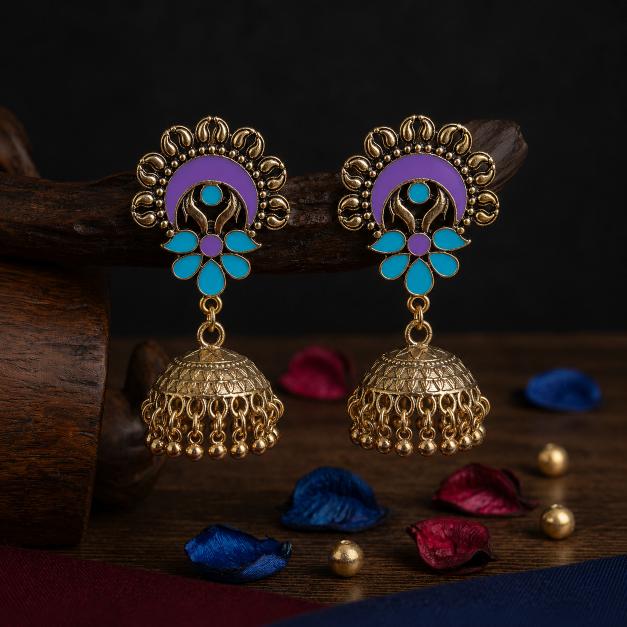 The Crescent Blossom Jhumkas An Antique Gold/Silver Plated Dual Coloured Enamel Earring
