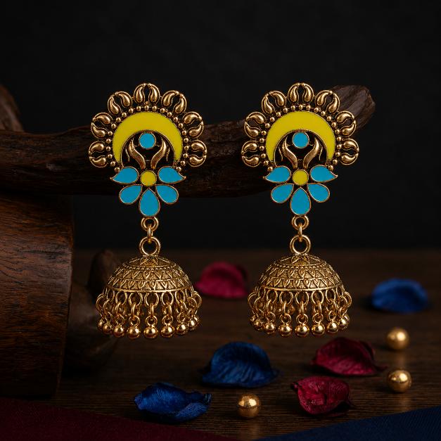 The Crescent Blossom Jhumkas An Antique Gold/Silver Plated Dual Coloured Enamel Earring