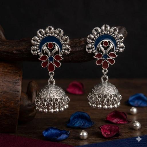 The Crescent Blossom Jhumkas An Antique Gold/Silver Plated Dual Coloured Enamel Earring