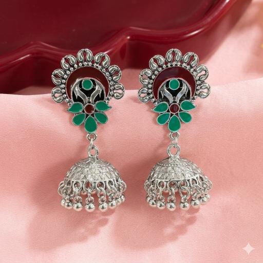 The Crescent Blossom Jhumkas An Antique Gold/Silver Plated Dual Coloured Enamel Earring