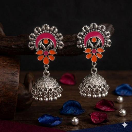 The Crescent Blossom Jhumkas An Antique Gold/Silver Plated Dual Coloured Enamel Earring