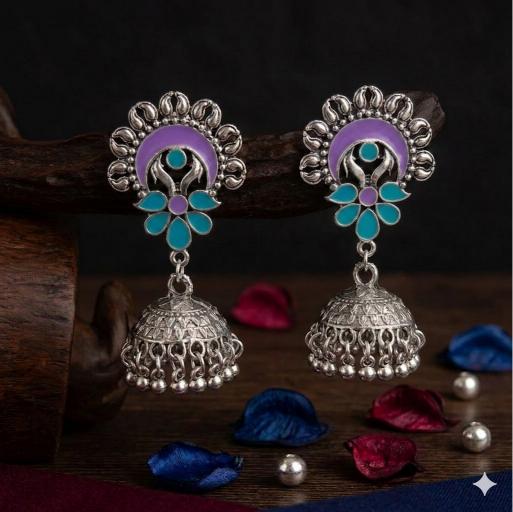 The Crescent Blossom Jhumkas An Antique Gold/Silver Plated Dual Coloured Enamel Earring