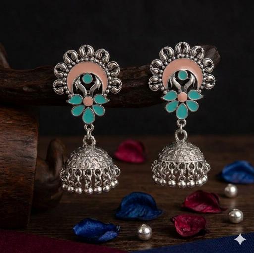 The Crescent Blossom Jhumkas An Antique Gold/Silver Plated Dual Coloured Enamel Earring