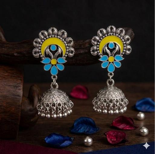 The Crescent Blossom Jhumkas An Antique Gold/Silver Plated Dual Coloured Enamel Earring