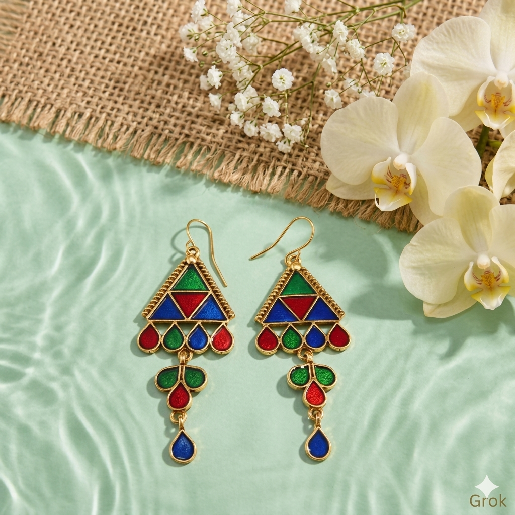 The Mosaic Chevron Drops An Antique Gold/Silver Plated Triple Coloured Enamel Dangler