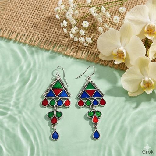 The Mosaic Chevron Drops An Antique Gold/Silver Plated Triple Coloured Enamel Dangler