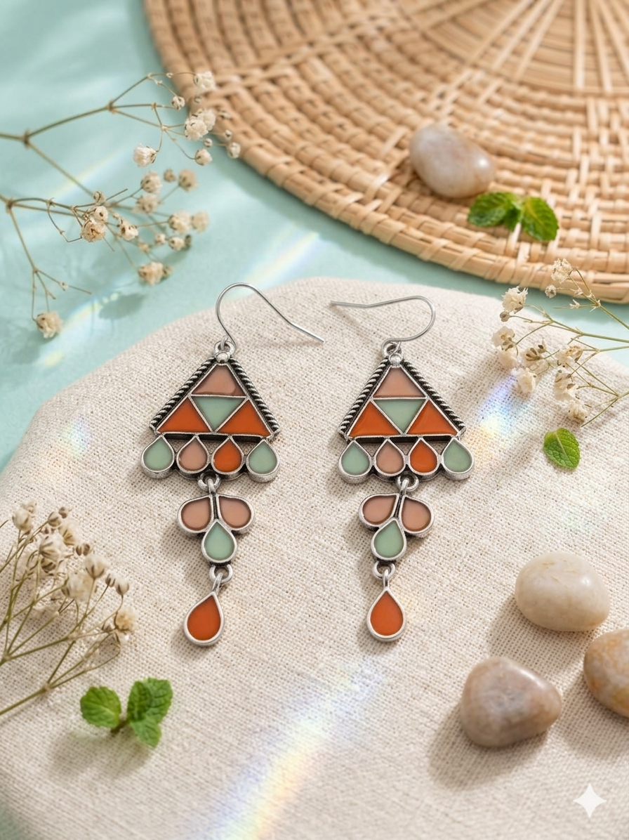 The Mosaic Chevron Drops An Antique Gold/Silver Plated Triple Coloured Enamel Dangler