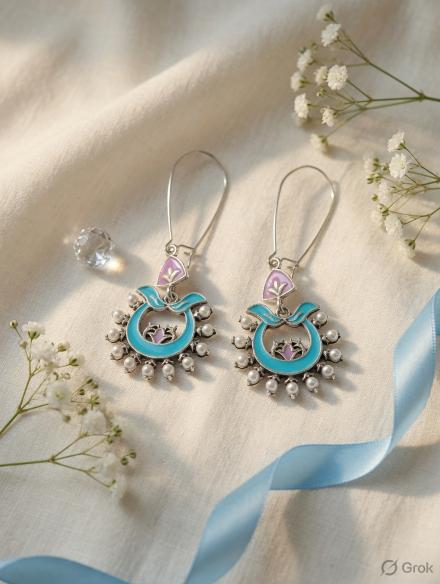 The Crescent Meadow Hoops An Antique Gold/Silver Plated Dual Coloured Enamel Dangler