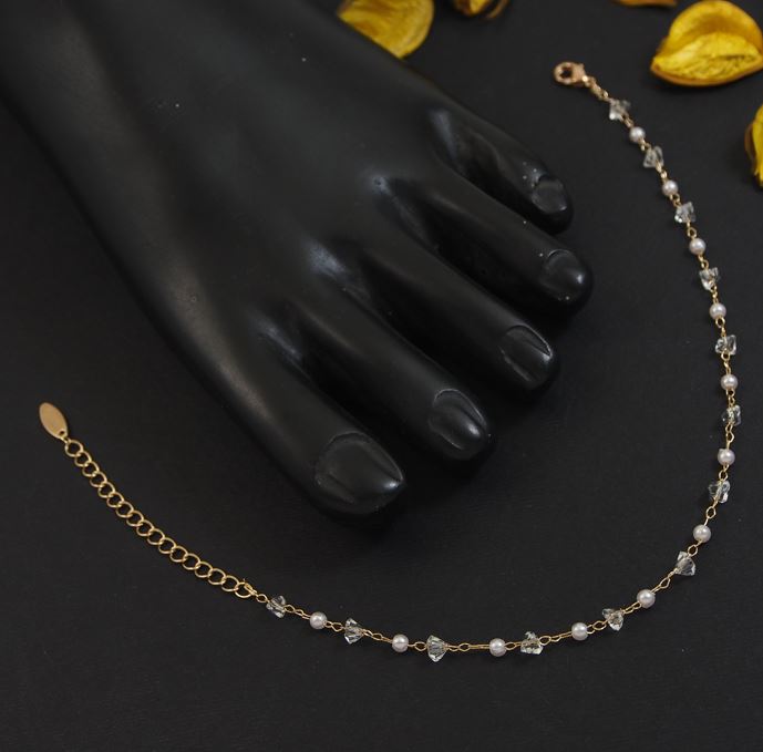 Gold Plated Pearl & Crystal Linked Anklet - ANK 4823