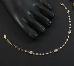 Gold Plated Evil Eye Pearl Linked Anklet - ANK 4827