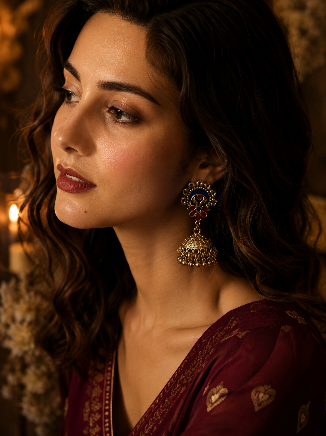 The Crescent Blossom Jhumkas An Antique Gold/Silver Plated Dual Coloured Enamel Earring