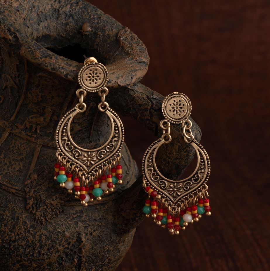 Silver / Gold Plated Designed Artwork With Hanging Acrylic Beads Bohemian Drop Earring- IWER 1419