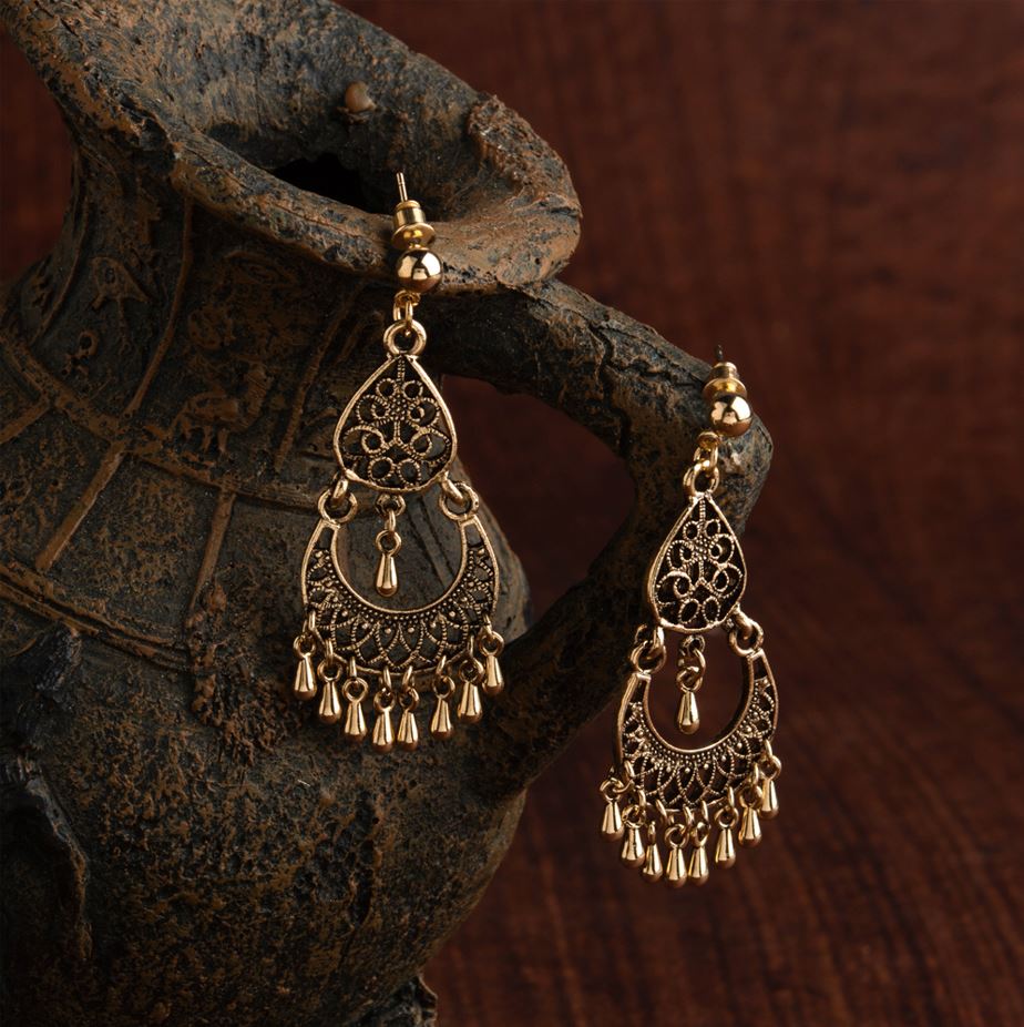 Silver / Gold Plated Geometrical Shaped Designed Art With Hanging Charms Antique Earring- AER 1425
