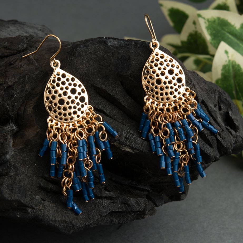 Gold Plated Tear Drop Shaped Designed Art With Hanging Beads Drop Earring- IWER 1434
