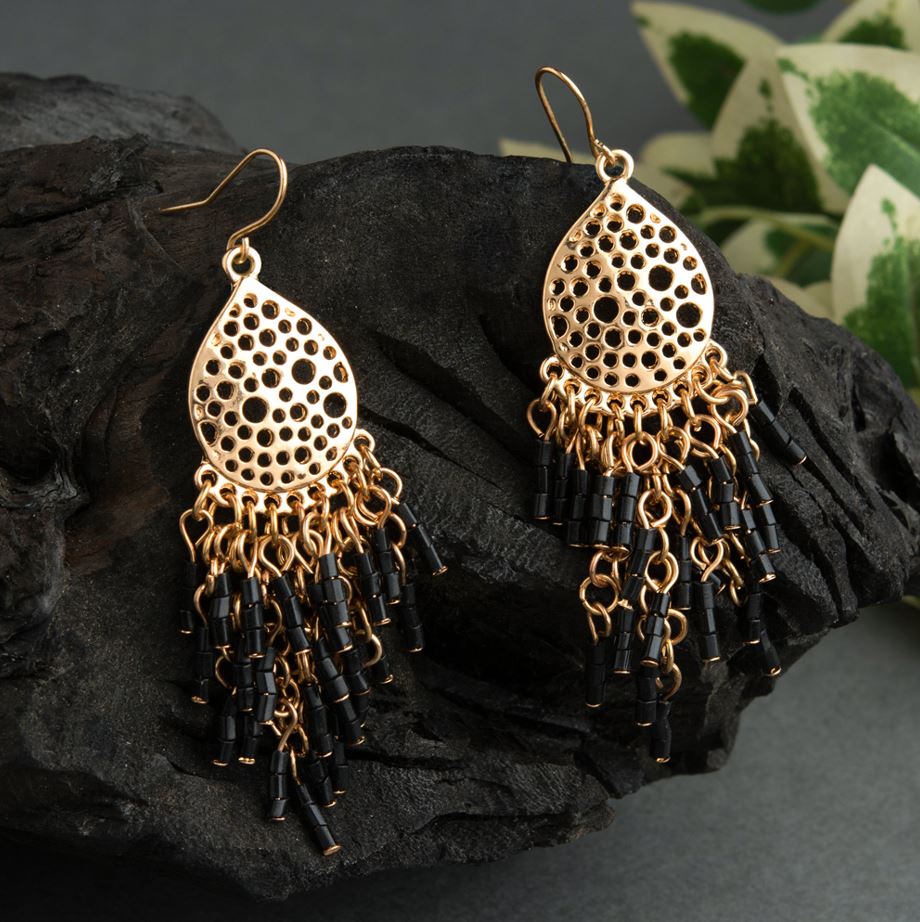 Gold Plated Tear Drop Shaped Designed Art With Hanging Beads Drop Earring- IWER 1434