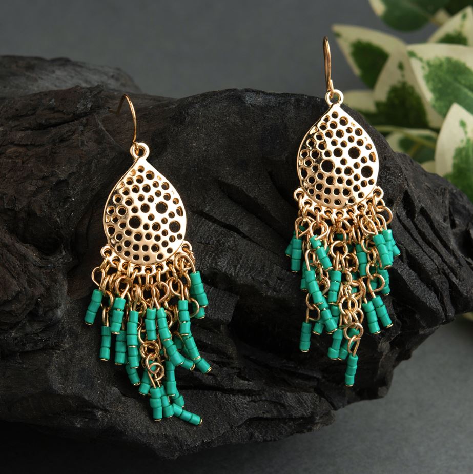 Gold Plated Tear Drop Shaped Designed Art With Hanging Beads Drop Earring