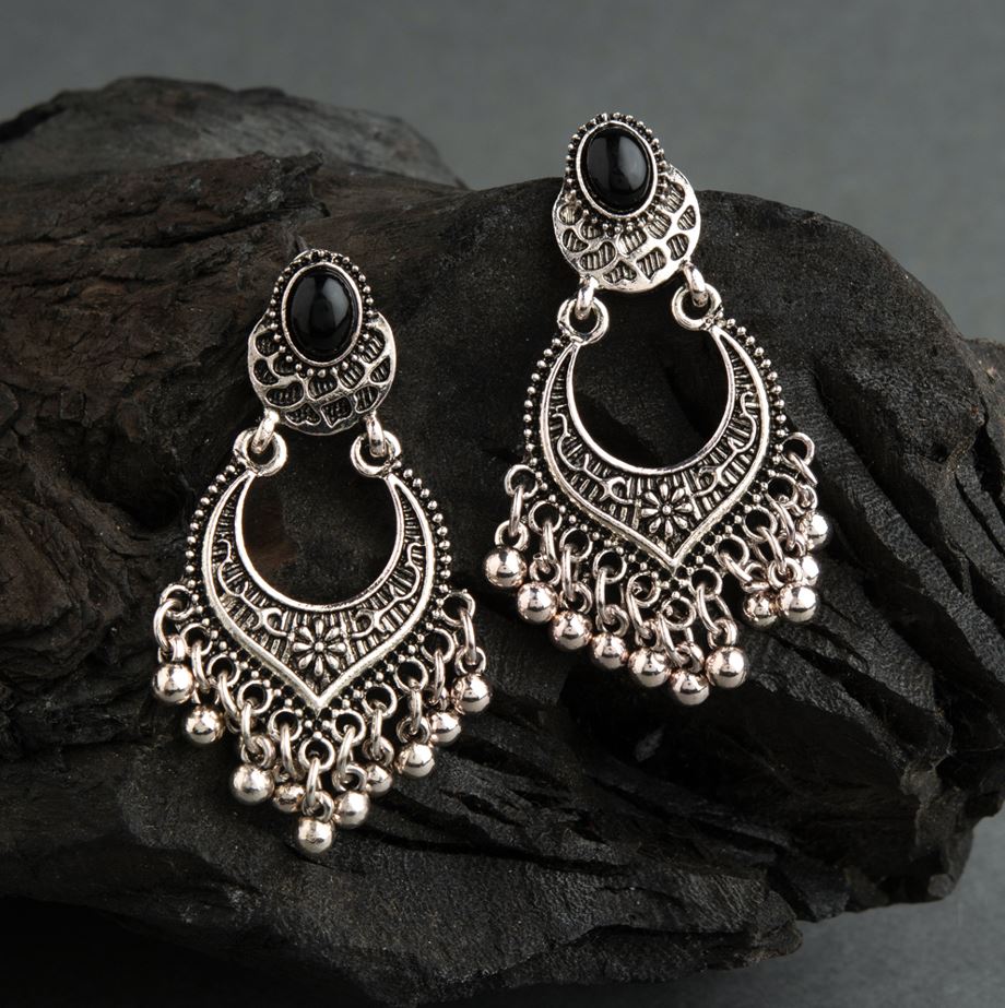 Silver / Gold Plated Black Studded Geometric Shaped Designed Artwork With Dangling Beads Antique Earring- AER 1435