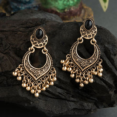 Silver / Gold Plated Black Studded Geometric Shaped Designed Artwork With Dangling Beads Antique Earring- AER 1435