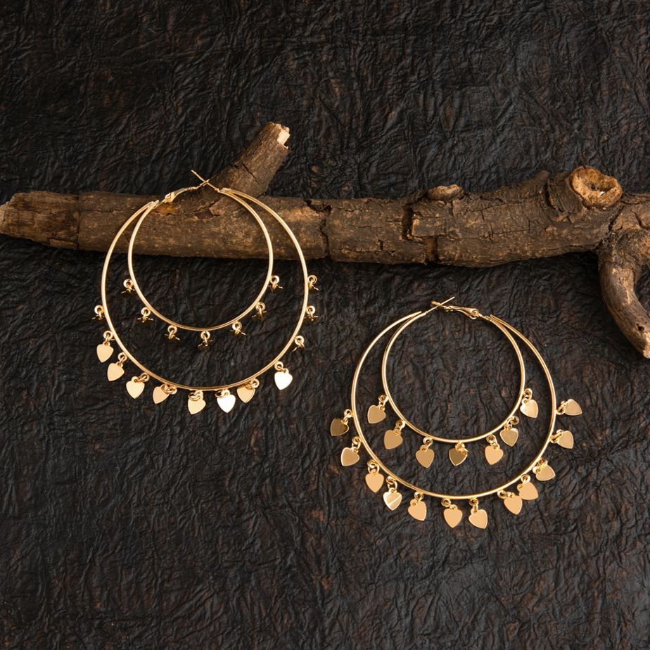 Silver / Gold Plated Dual Circle Shaped With Hanging Charms Hoops Earring (Pack of 3)