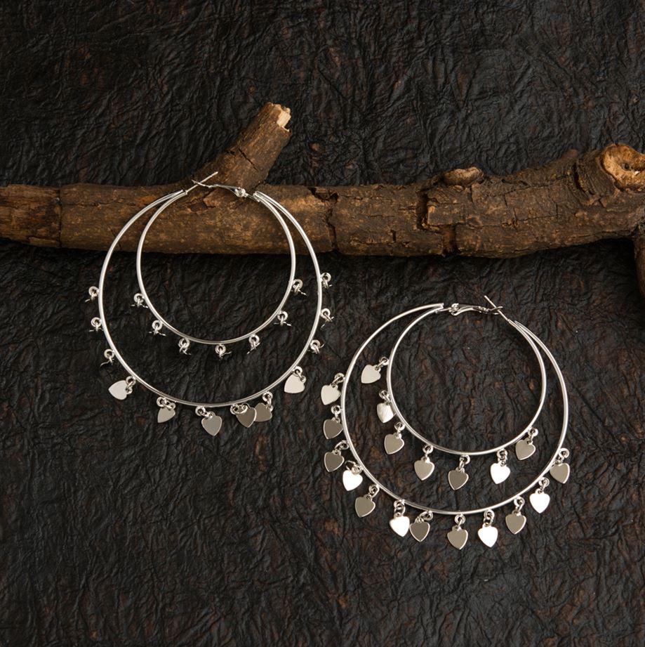 Silver / Gold Plated Dual Circle Shaped With Hanging Charms Hoops Earring-HER 1468