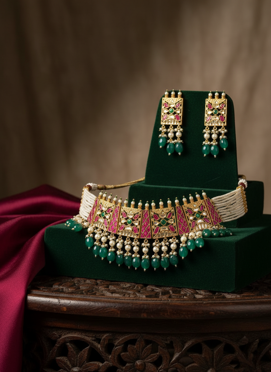 Real PEARL KUNDAN PACHE Necklace Set - Antique Necklace Set