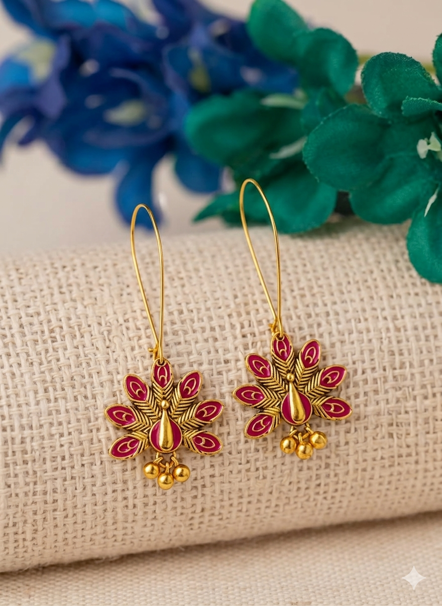 Silver/Gold Plated Long Hook Closure Hanging Peacock Enamel Artwork Design Antique Fashion Earring