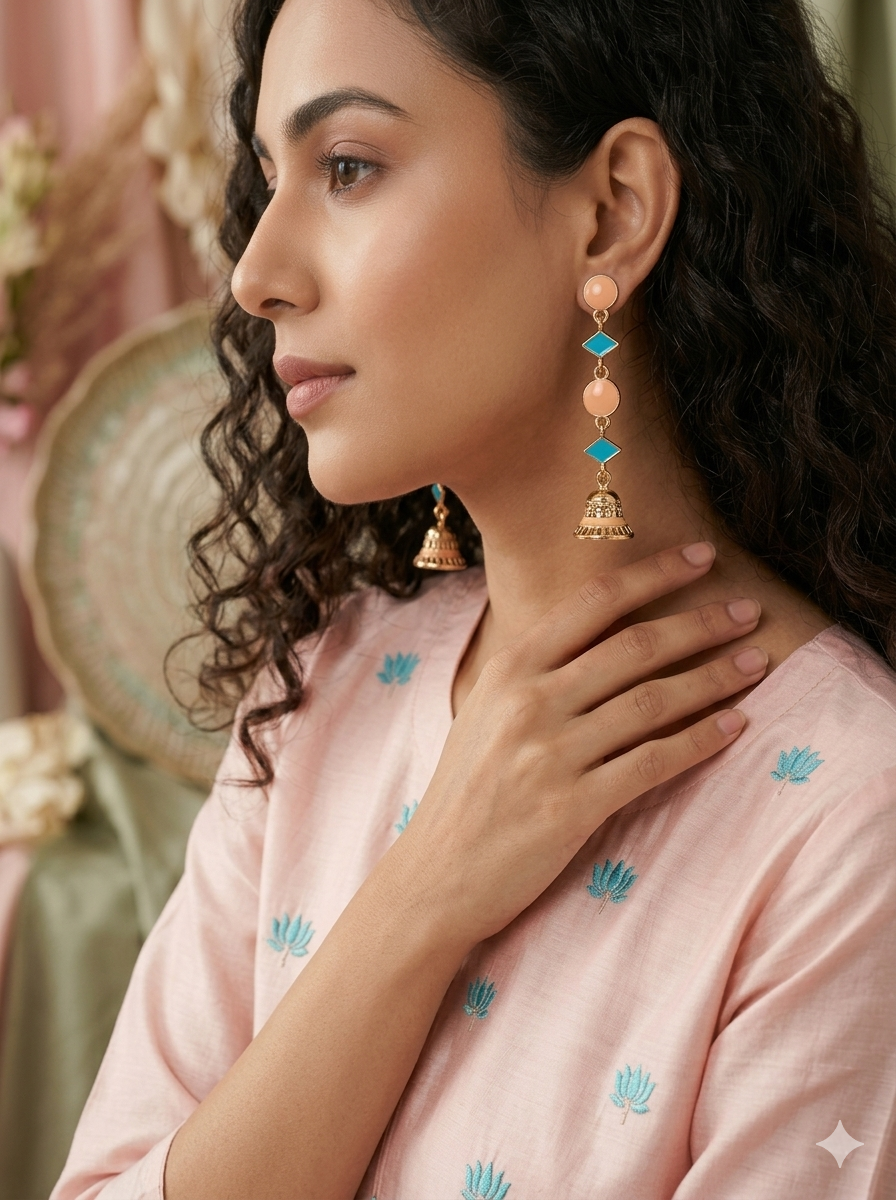 The Linear Geo-Drop Jhumkas An Antique Gold/Silver Plated Dual Coloured Enamel Earring