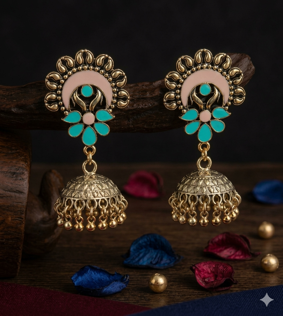 The Crescent Blossom Jhumkas An Antique Gold/Silver Plated Dual Coloured Enamel Earring