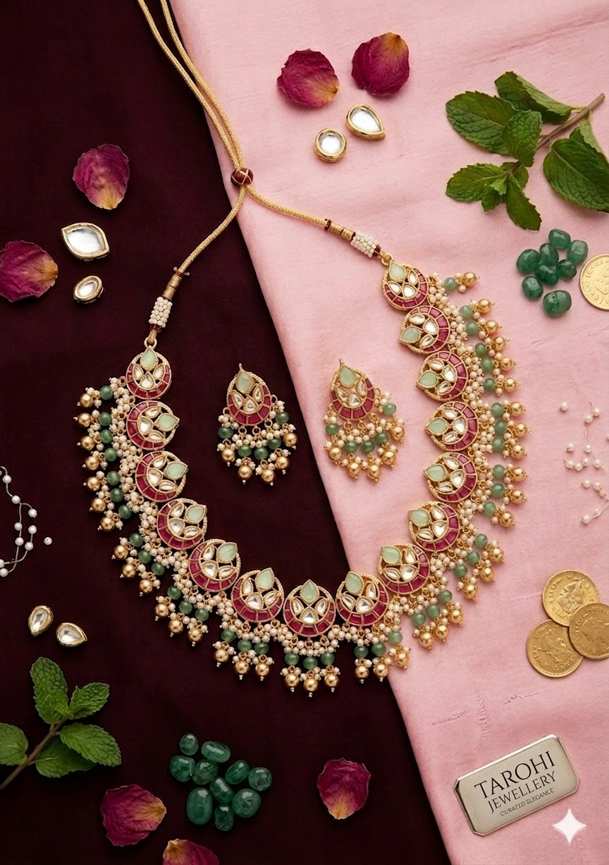 Real PEARL KUNDAN PACHE Necklace Set - Antique Necklace Set