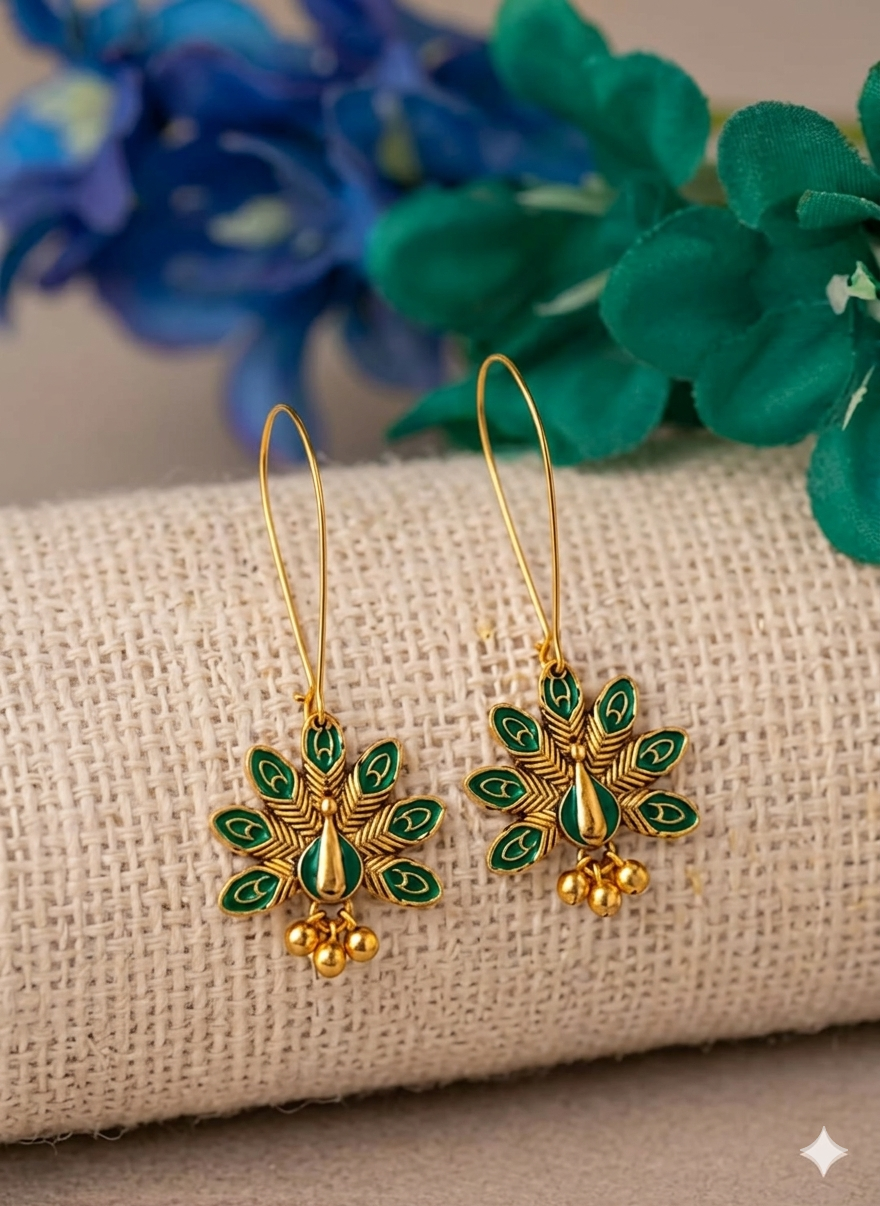 Silver/Gold Plated Long Hook Closure Hanging Peacock Enamel Artwork Design Antique Fashion Earring