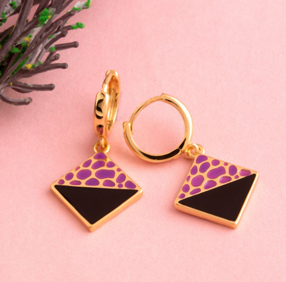 Gold Plated Square Shaped Dual Color Enamel Bali Hoop Earring