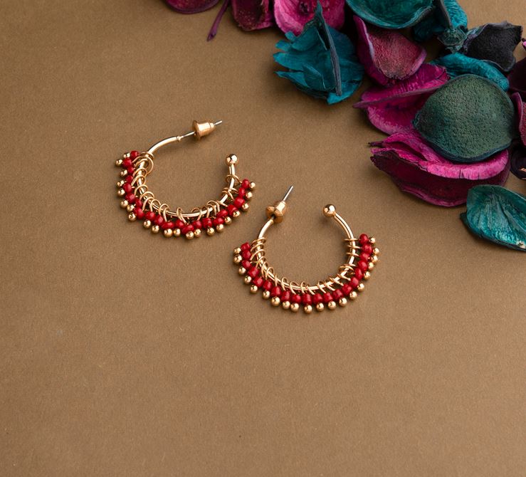 Gold Plated Open Circle Shaped Beads Designed Fashion Hoops Earring-HER 1500