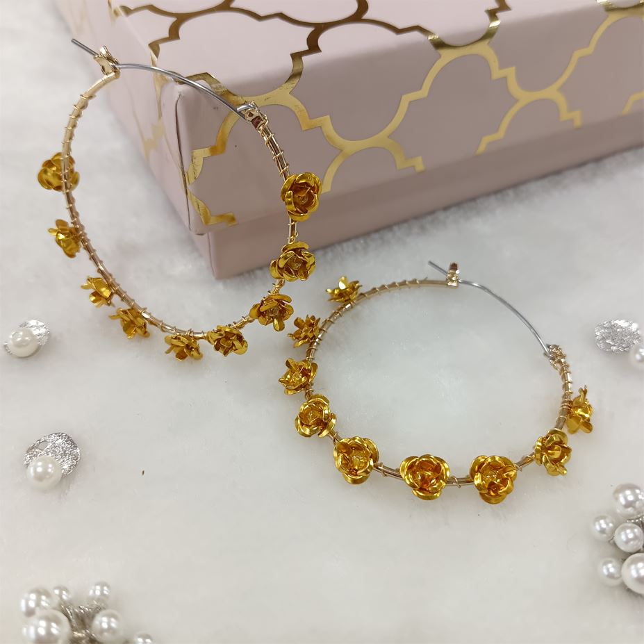 Gold Plated Round Shaped Floral Designed Art Fashion Hoops Earring