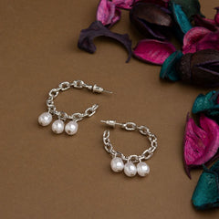 Silver / Gold Plated Chain Style Open Circle Design With Hanging Pearl Fashion Hoops Earring-HER 1578