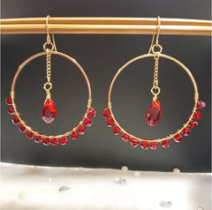 Gold Plated Circle Shaped Beads Designed With Hanging Chain Beads Fashion Hoops Earring-HER 1592