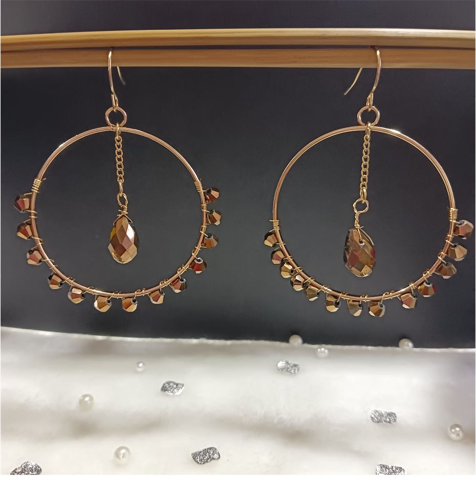 Gold Plated Circle Shaped Beads Designed With Hanging Chain Beads Fashion Hoops Earring-HER 1592