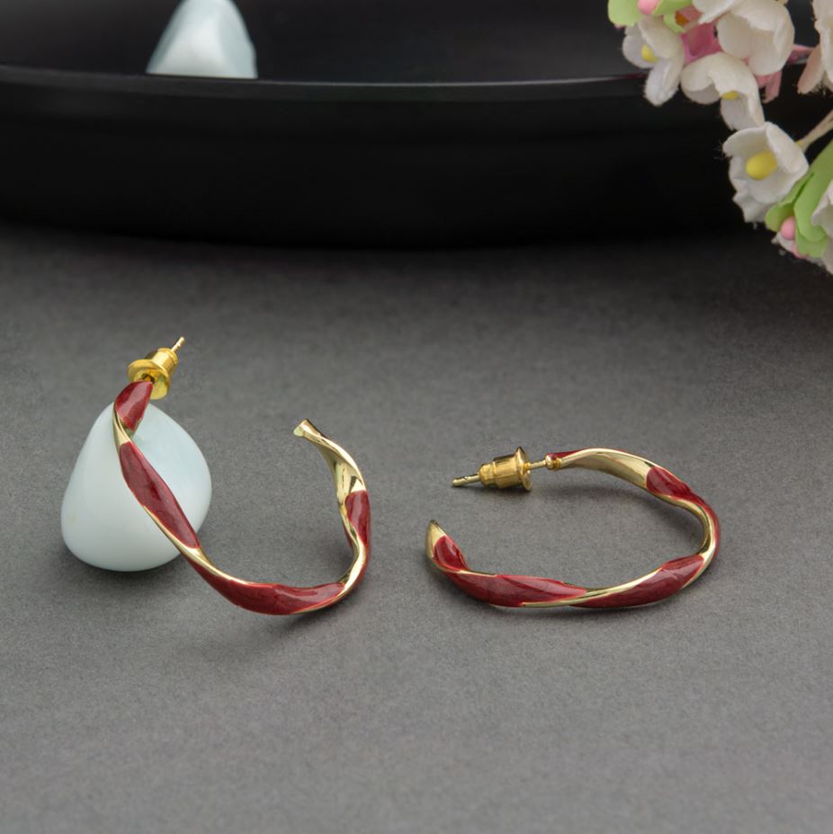 Gold Plated Open Circle Twisted Style Enamel Artwork Fashion Hoops Earring