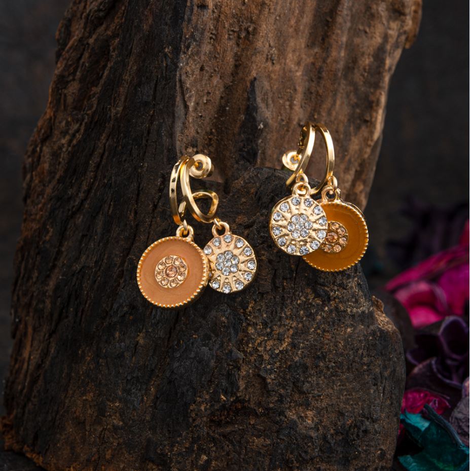 Gold Plated Small Round Shaped Enamel &amp; Stone Studded Dangler Fashion Hoop Earring- HER 2252