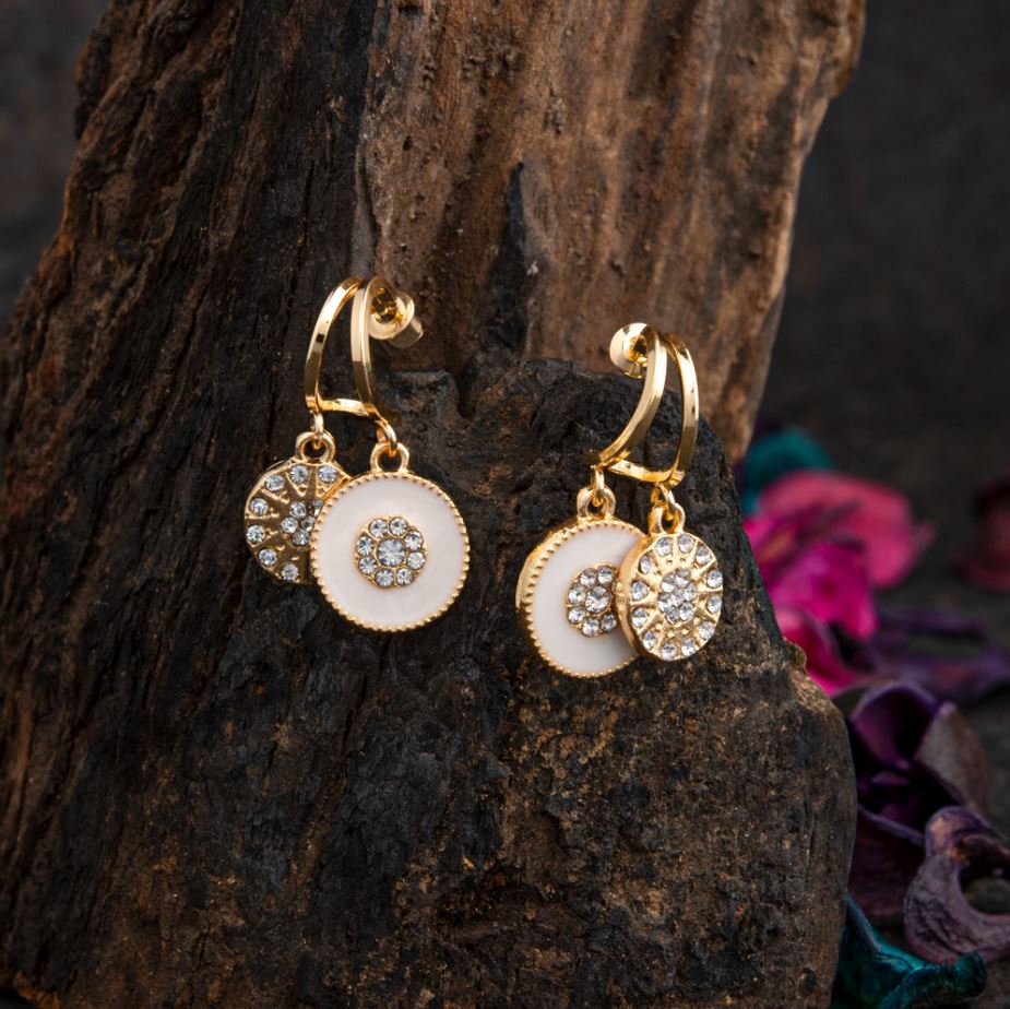Gold Plated Small Round Shaped Enamel &amp; Stone Studded Dangler Fashion Hoop Earring