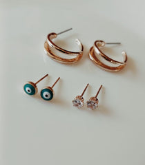 Set Of 3 Gold /Silver /Rosegold Plated  CZ Fashion Hoops Earring- HER 3107