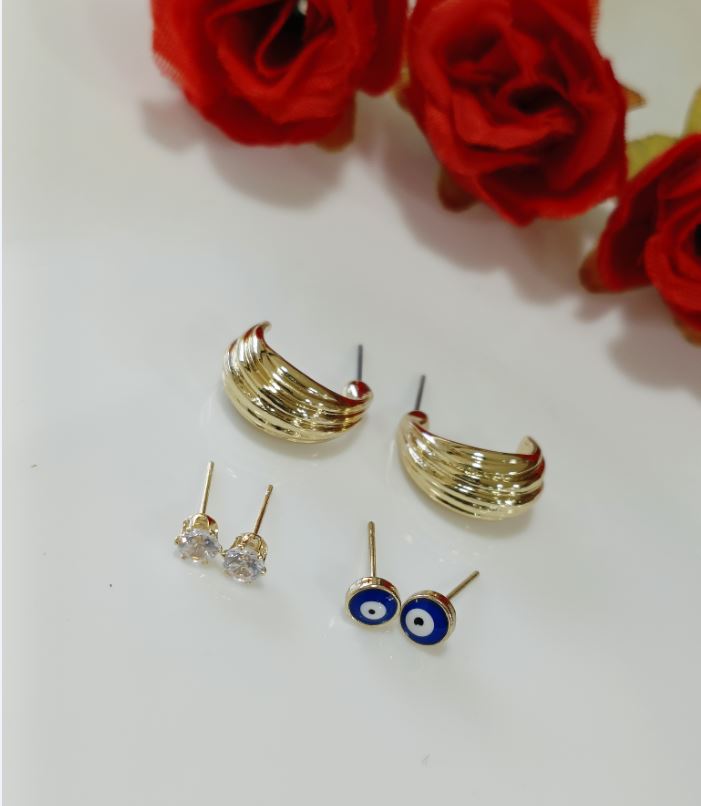 Set Of 3 Gold /Silver /Rosegold Plated Hoops, CZ &amp; Evil Eye Stud Earring- HER 3111
