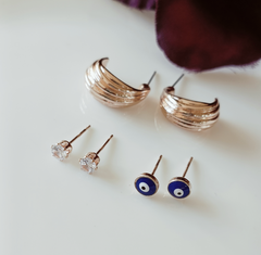 Set Of 3 Gold /Silver /Rosegold Plated Hoops, CZ &amp; Evil Eye Stud Earring- HER 3111