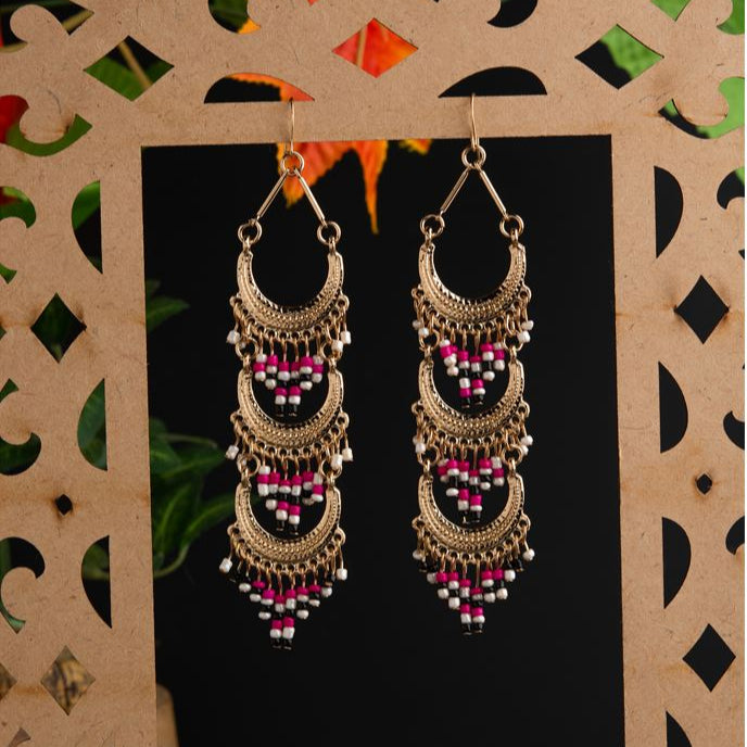 Gold Plated Chandbali Style With Hanging Beads Indo Western Drop Earring