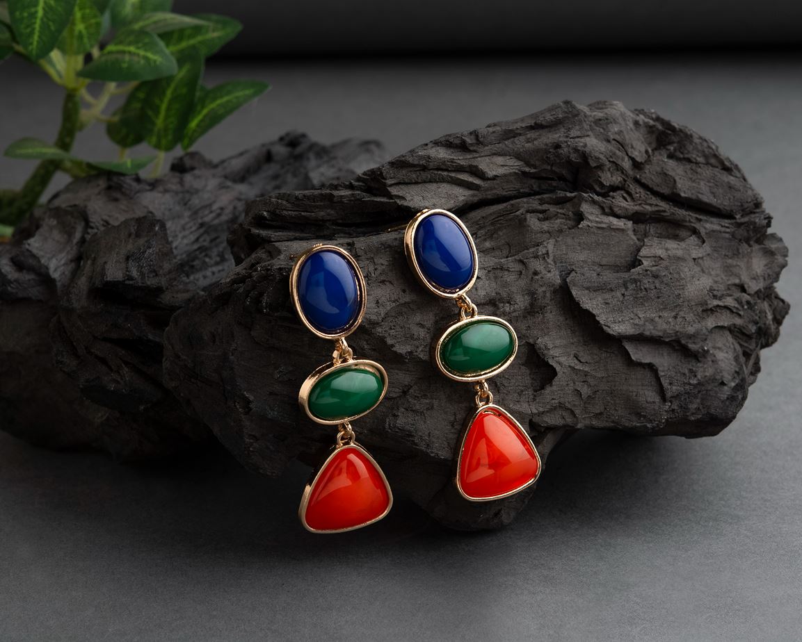 Gold Plated Geometrical Shaped Tri Colour Acrylic Stone Indo Western Drop Earring- IWER 1472A