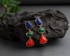 Gold Plated Geometrical Shaped Tri Colour Acrylic Stone Indo Western Drop Earring- IWER 1472A